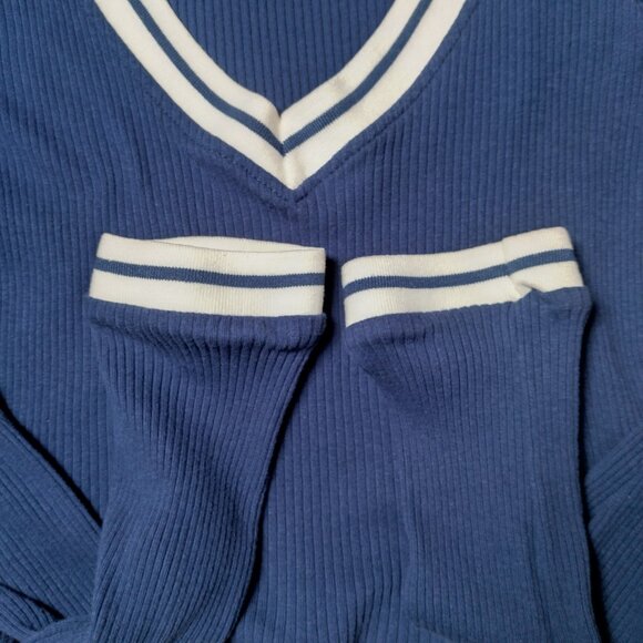 Forever 21 Shirt Juniors Medium Baby Crop Top Ribbed Blue Varsity Academia Y2K - Picture 13 of 16